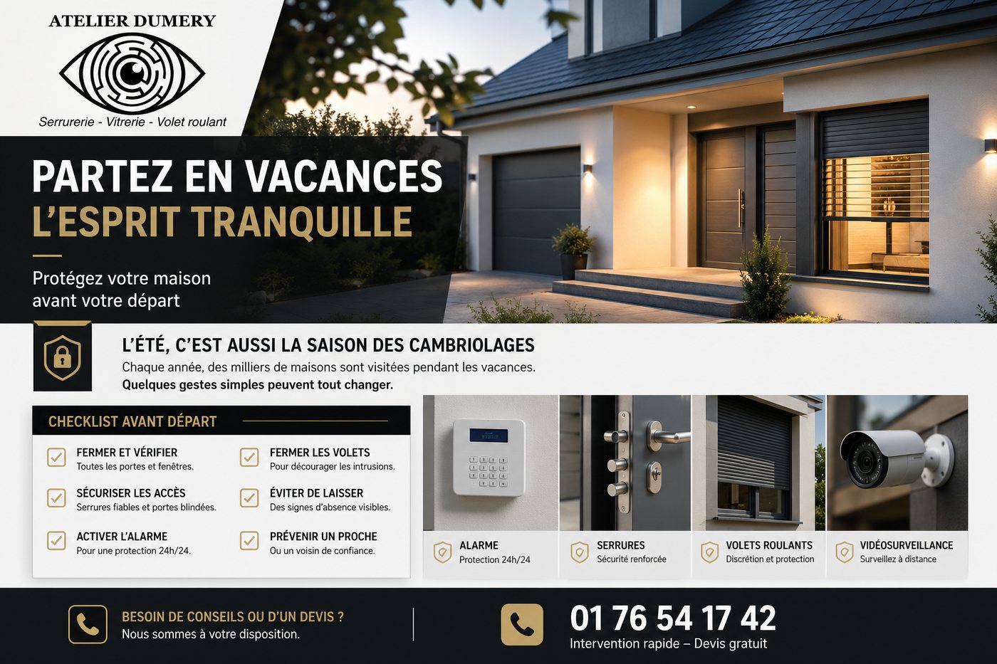 Partez en vacances l'esprit tranquille — protégez votre maison avant votre départ. Atelier Dumery, serrurerie, vitrerie, volet roulant, alarme.